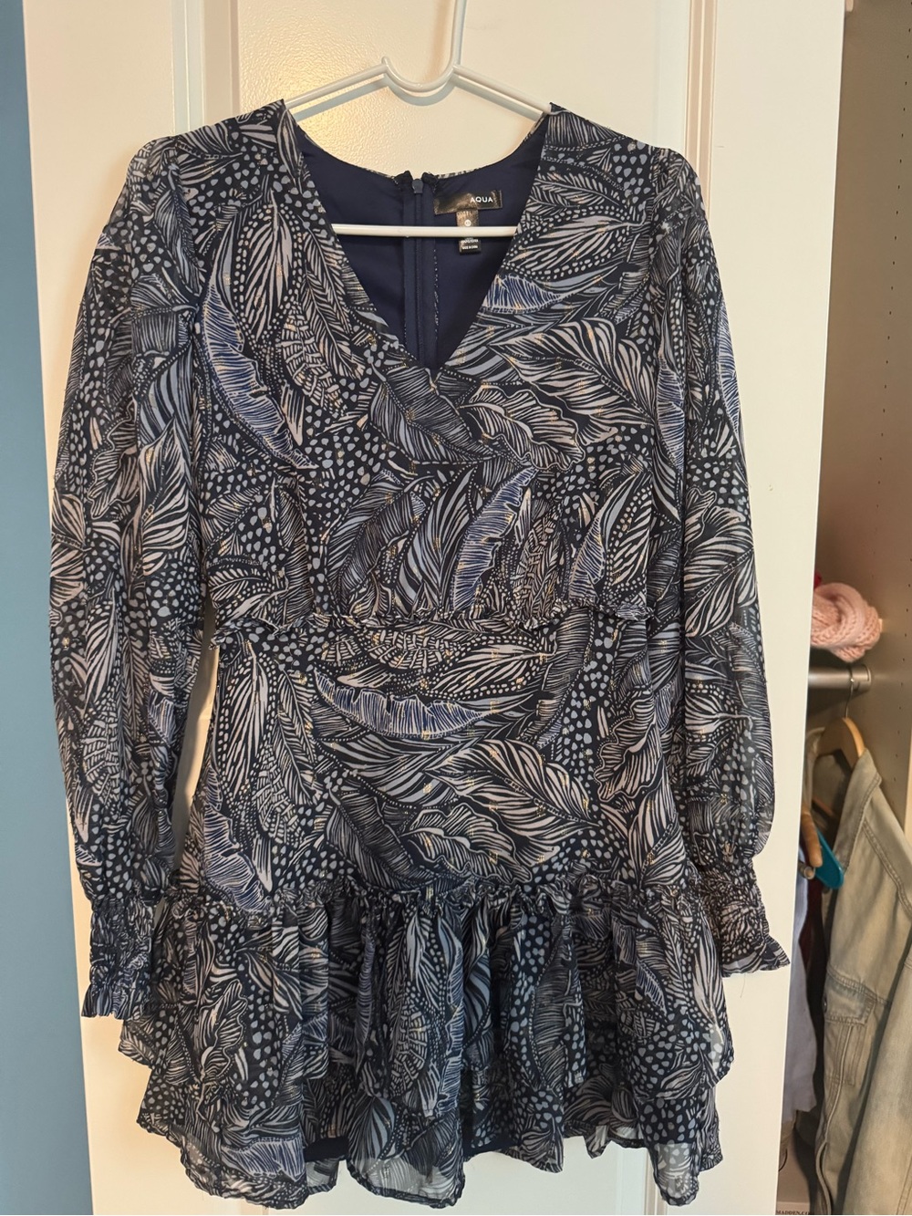 Aqua Navy Patterned Long Sleeved Dress